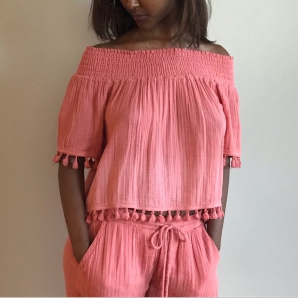 MICHAEL STARS Passport Coral Ombre Gauzy Cotton Cropped Tassel Smocked Top SZ M